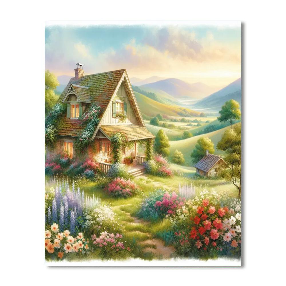Charming Cottage Landscape Painting Number Kit