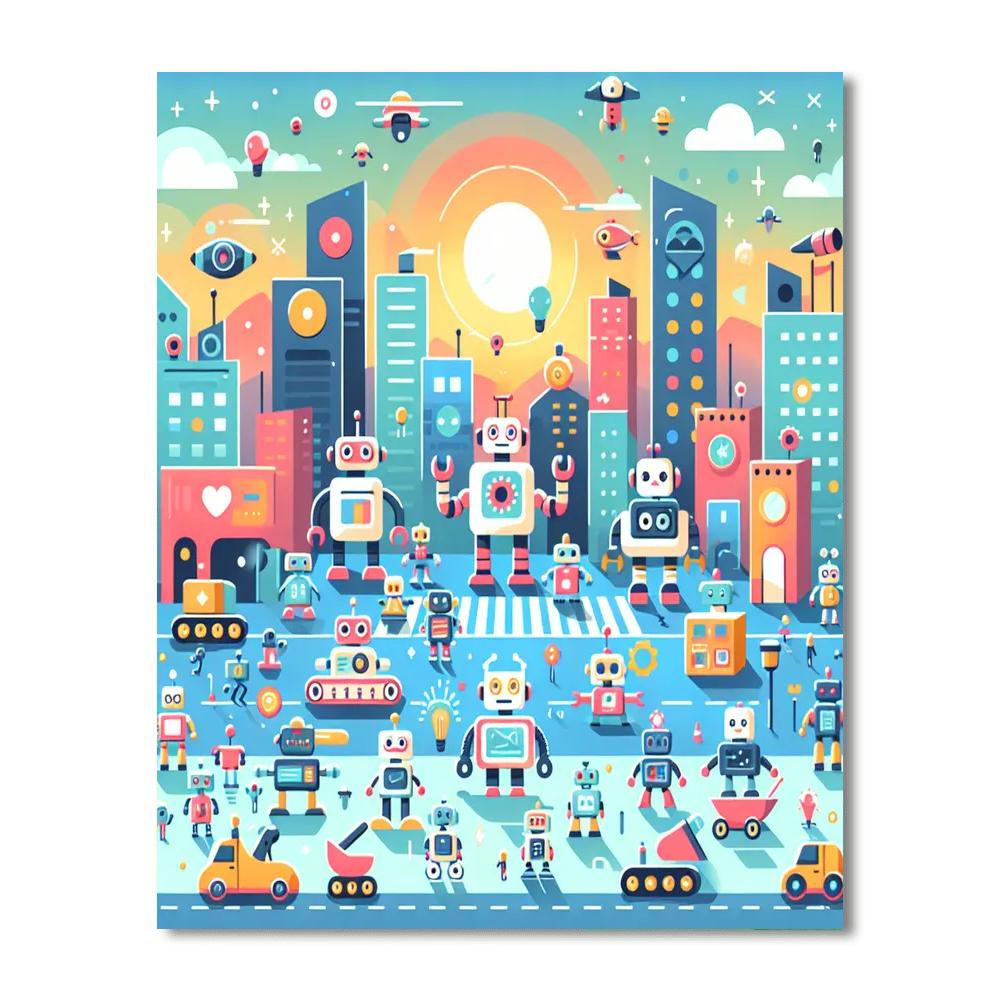 Colorful Robot City Paint By Numbers Art