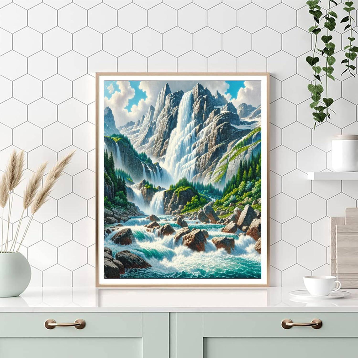 Picturesque Alpine Waterfall Numbered Painting Kits