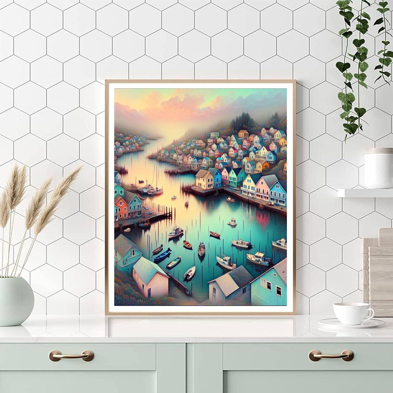 Romantic Coastal Village Painting Number Kit