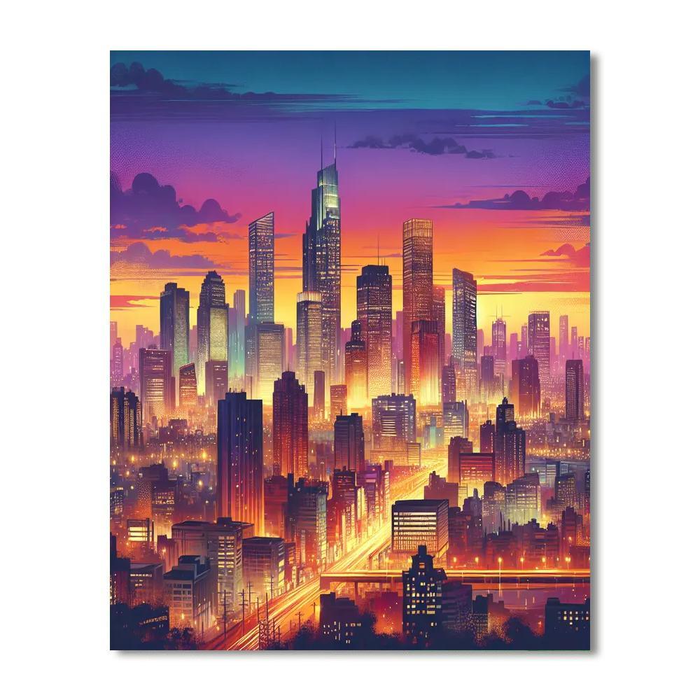 Glowing City Skyline At Dusk Number Painting