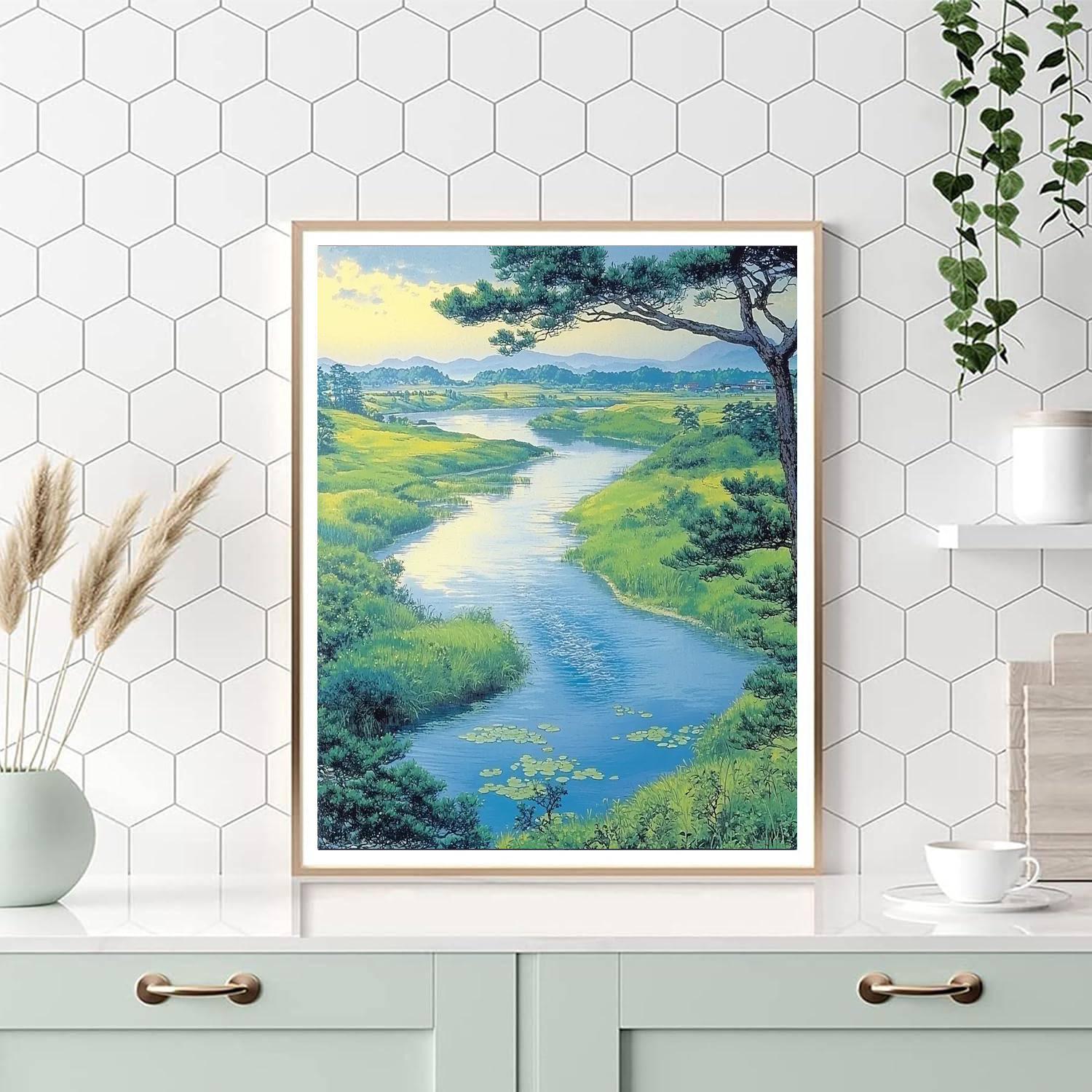 Utagawa Hiroshige Inspired Tranquil River's Embrace  Number Painting