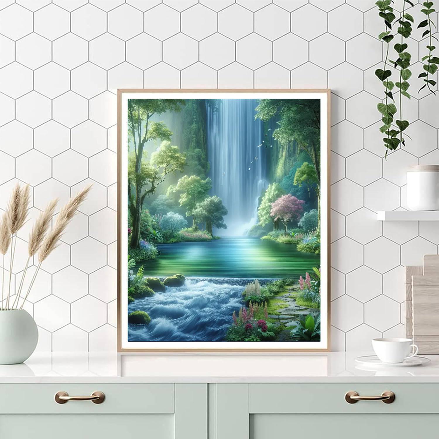 Peaceful Waterfall In Nature Painting Number Kit