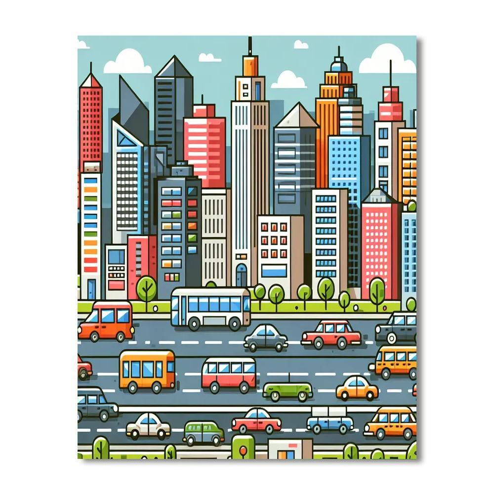 Cityscape With Vehicles And Skyscrapers Paint By Number