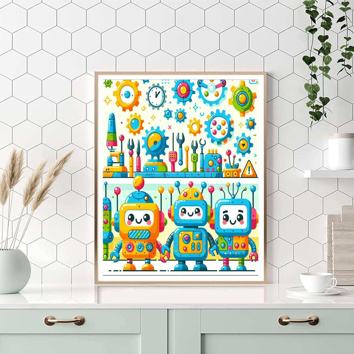 Cheerful Robot Workshop Paint By Numbers Art