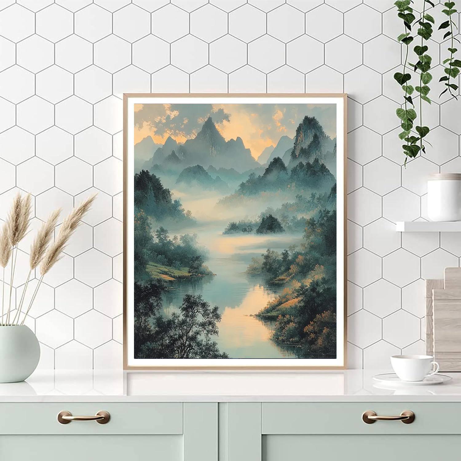Zhao Mengfu Inspired Ethereal Fog Over Silent Valleys  Paint By Color