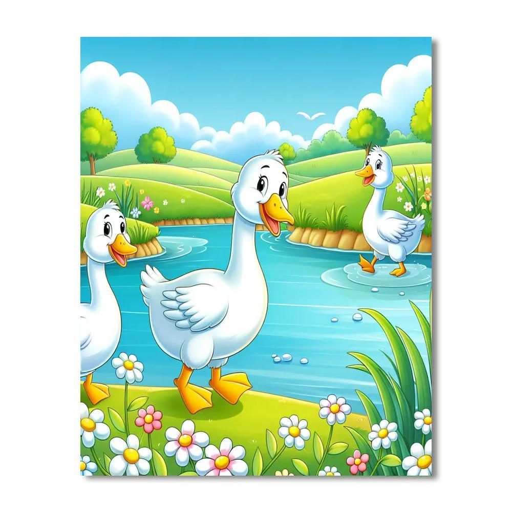 Giggling Geese By The Pond Painting By Numbers Kit