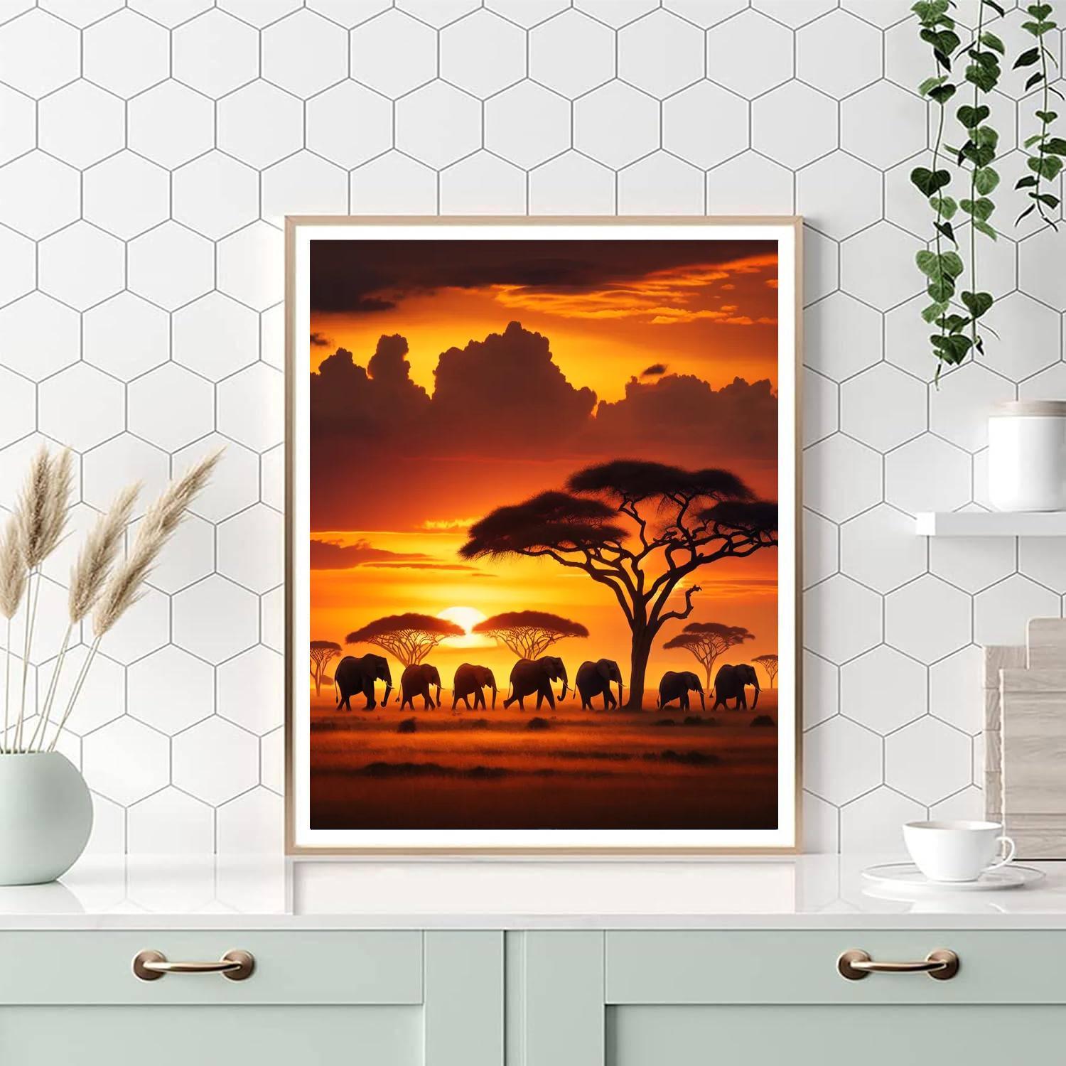 Golden Savanna Elephant Herd Painting By Numbers Kit