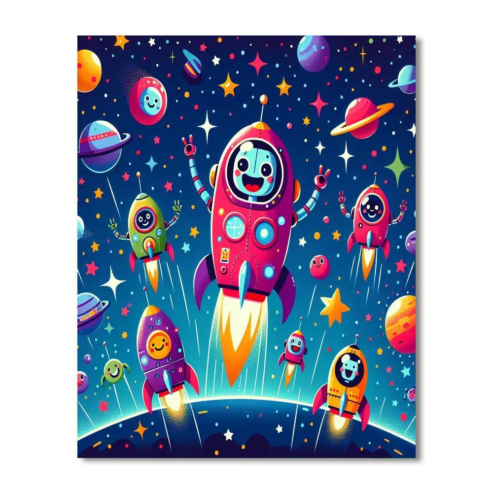 Friendly Robots In Space Number Painting