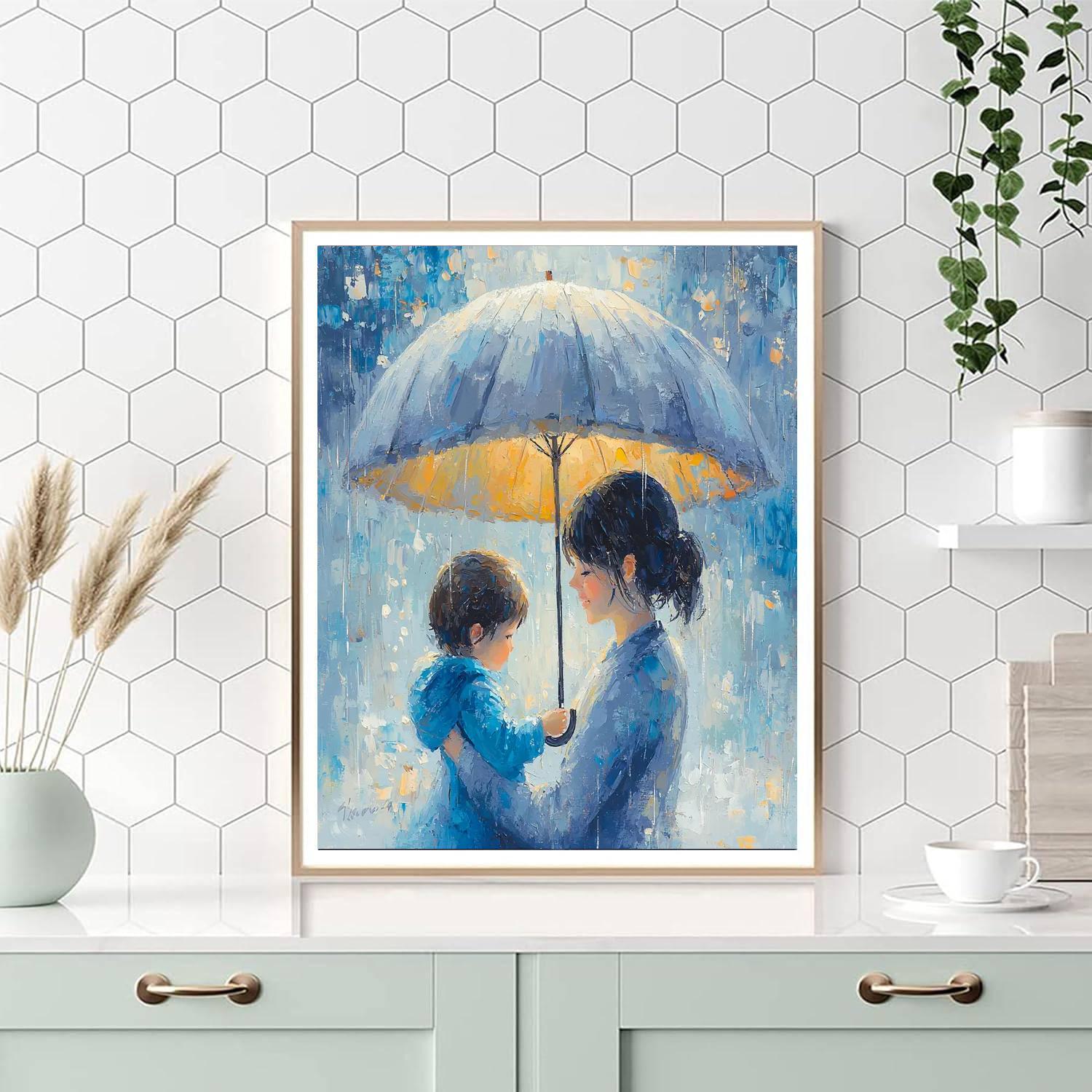A Mother’s Embrace In The Rain Number Painting