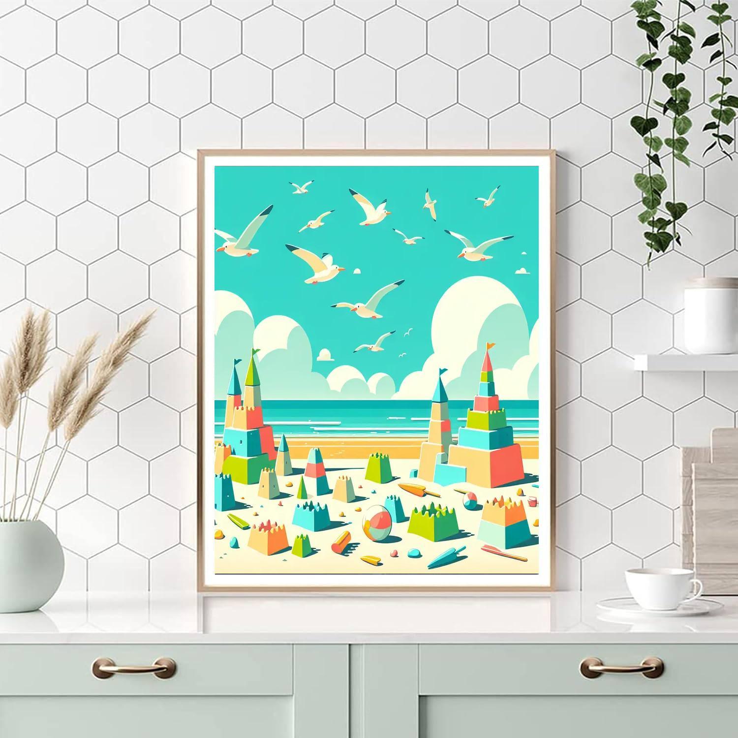 Holiday Beach With Sandcastles And Seagulls Paint By Number