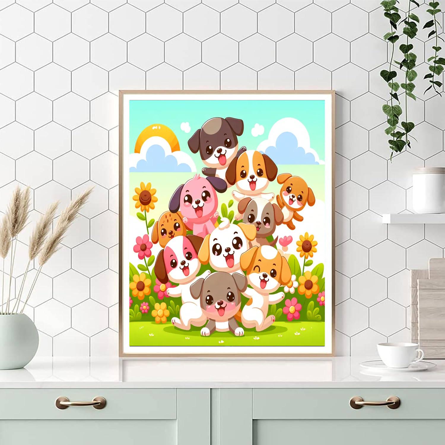 Cuddly Pups Playing Numbered Painting Kits