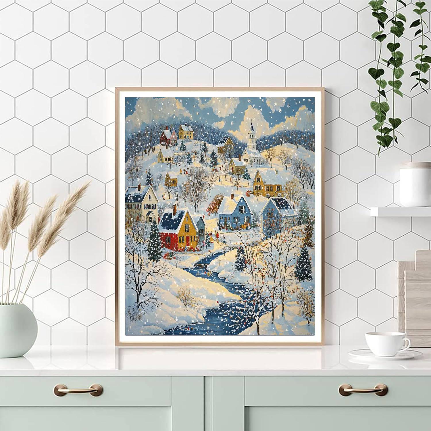 Grandma Moses Inspired Quaint Winter Village  Paint By Numbers