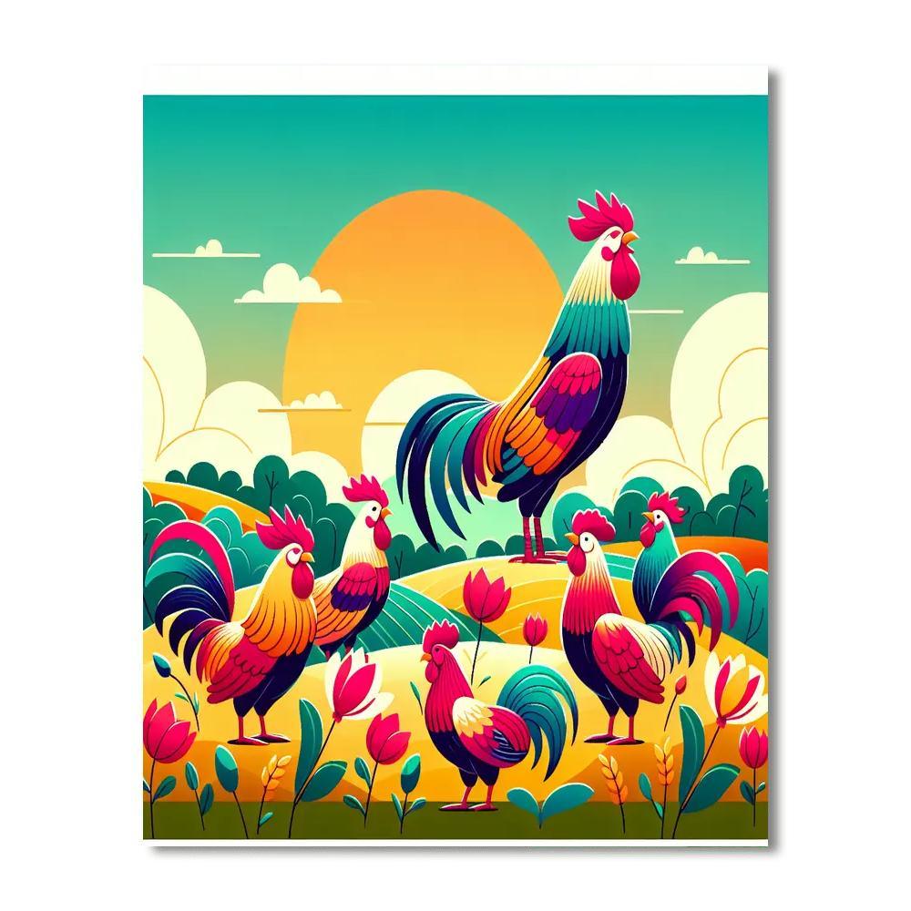 Rainbow Roosters Paint By Numbers