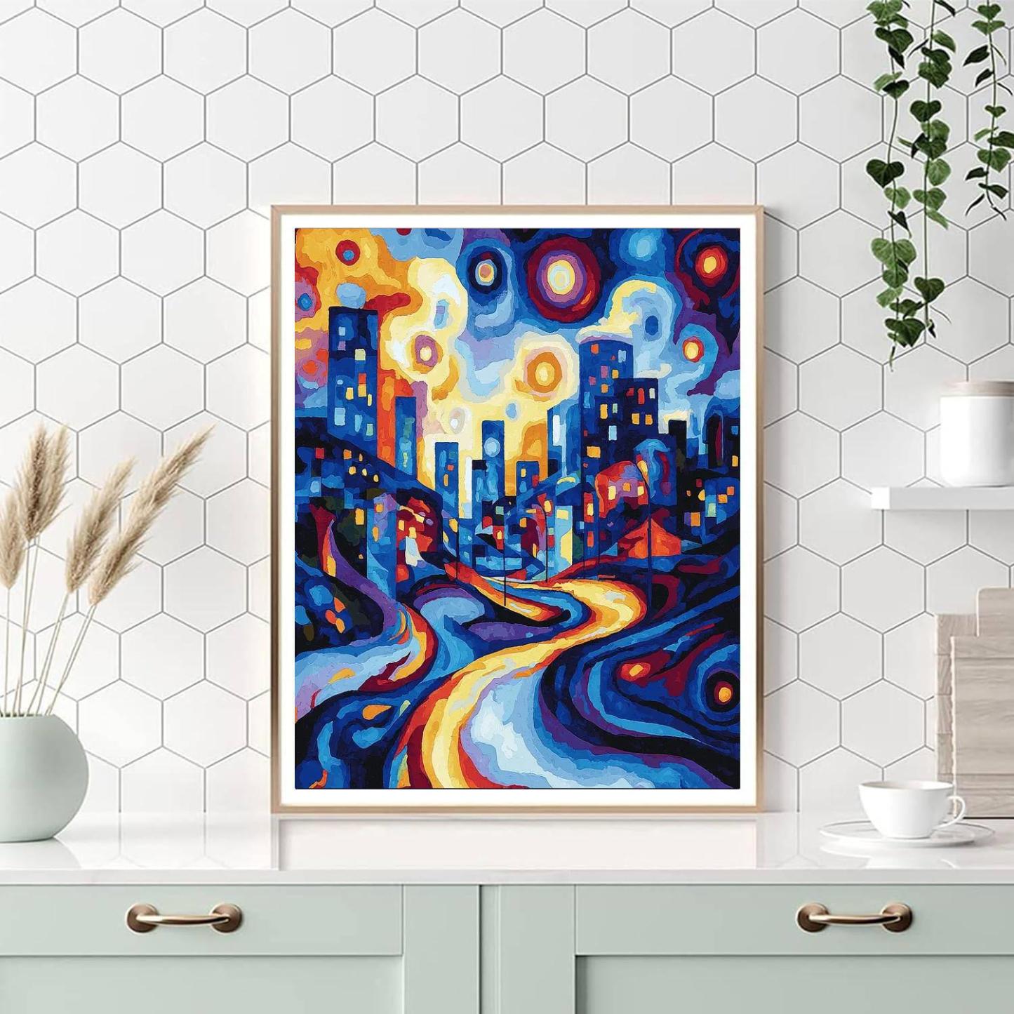 Kandinsky Inspired Whimsical City Nights  DIY Paint By Numbers