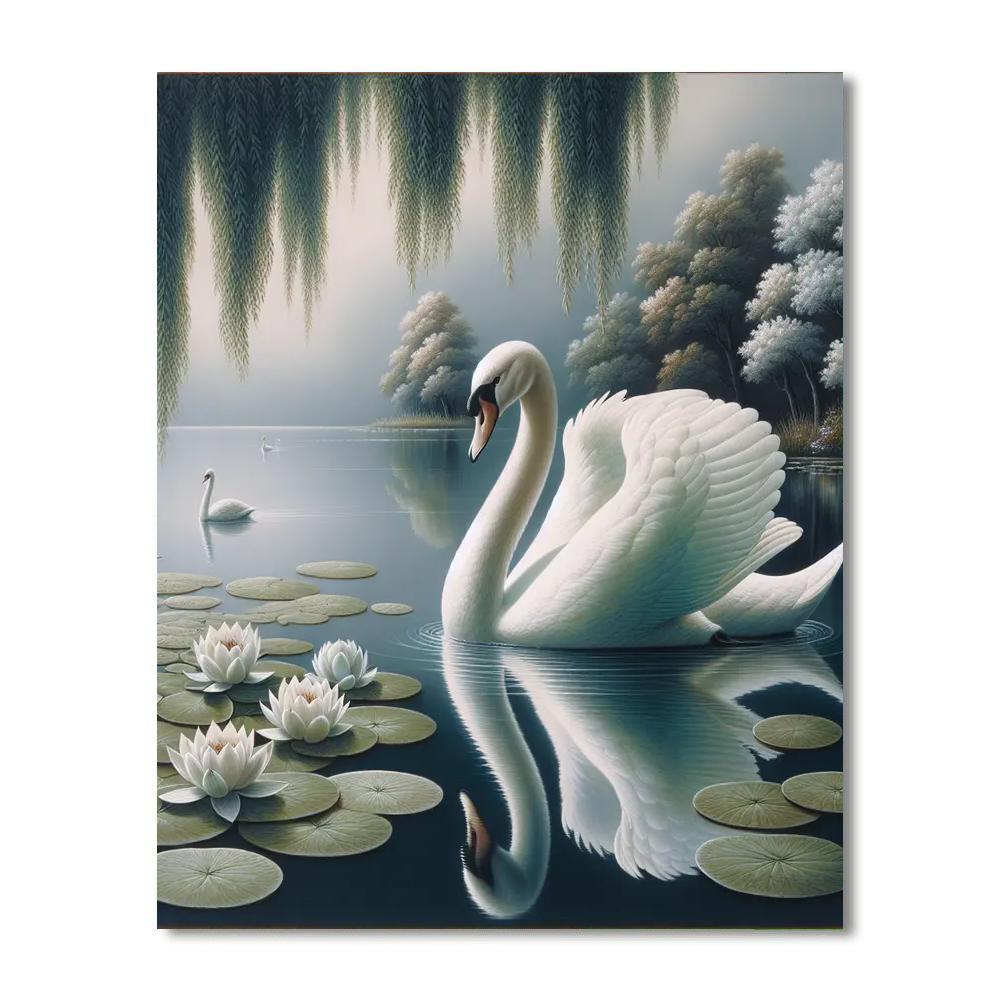 Elegant Swan Lake Reflection Painting Number Kit