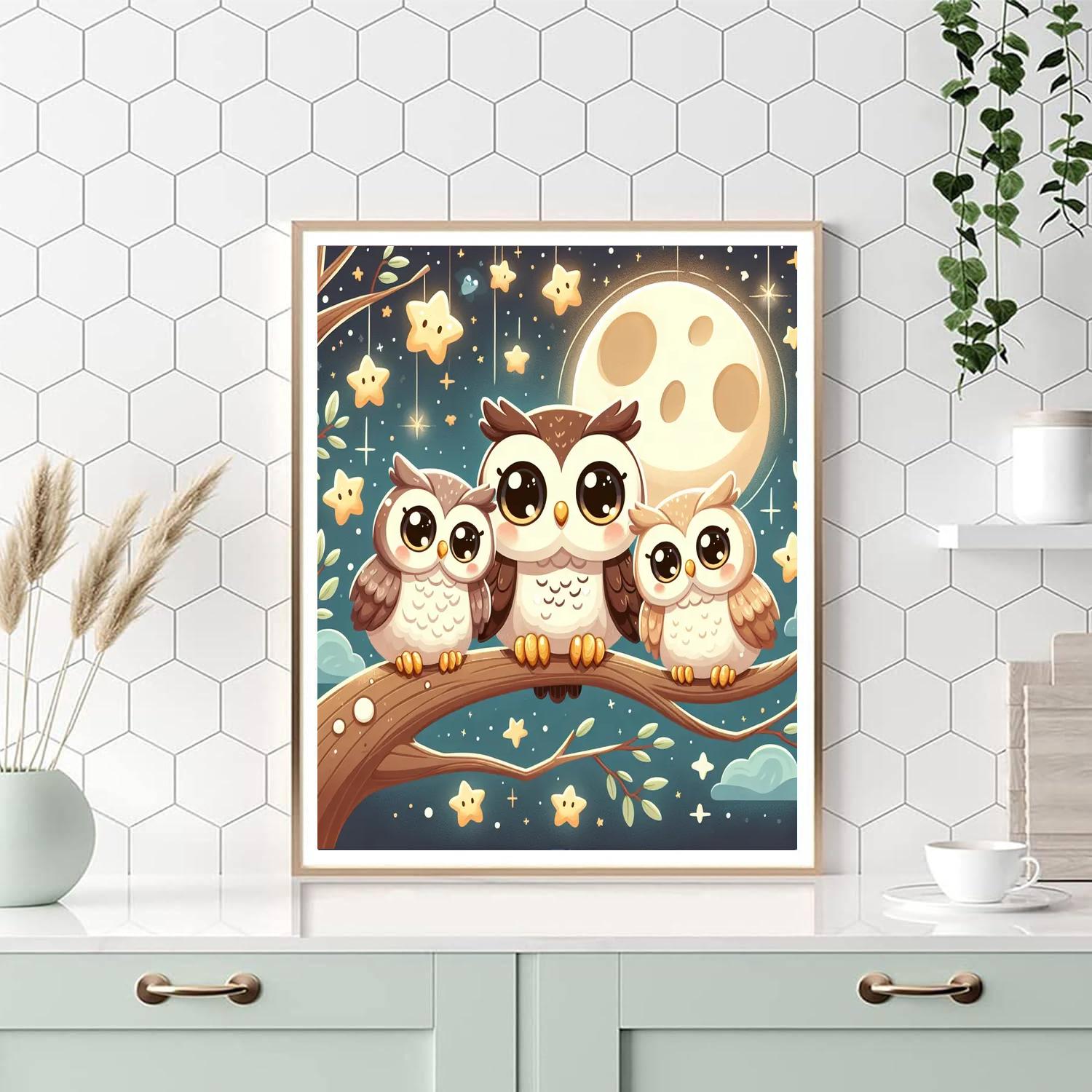Charming Owls In The Moonlight Painting By Numbers Kit