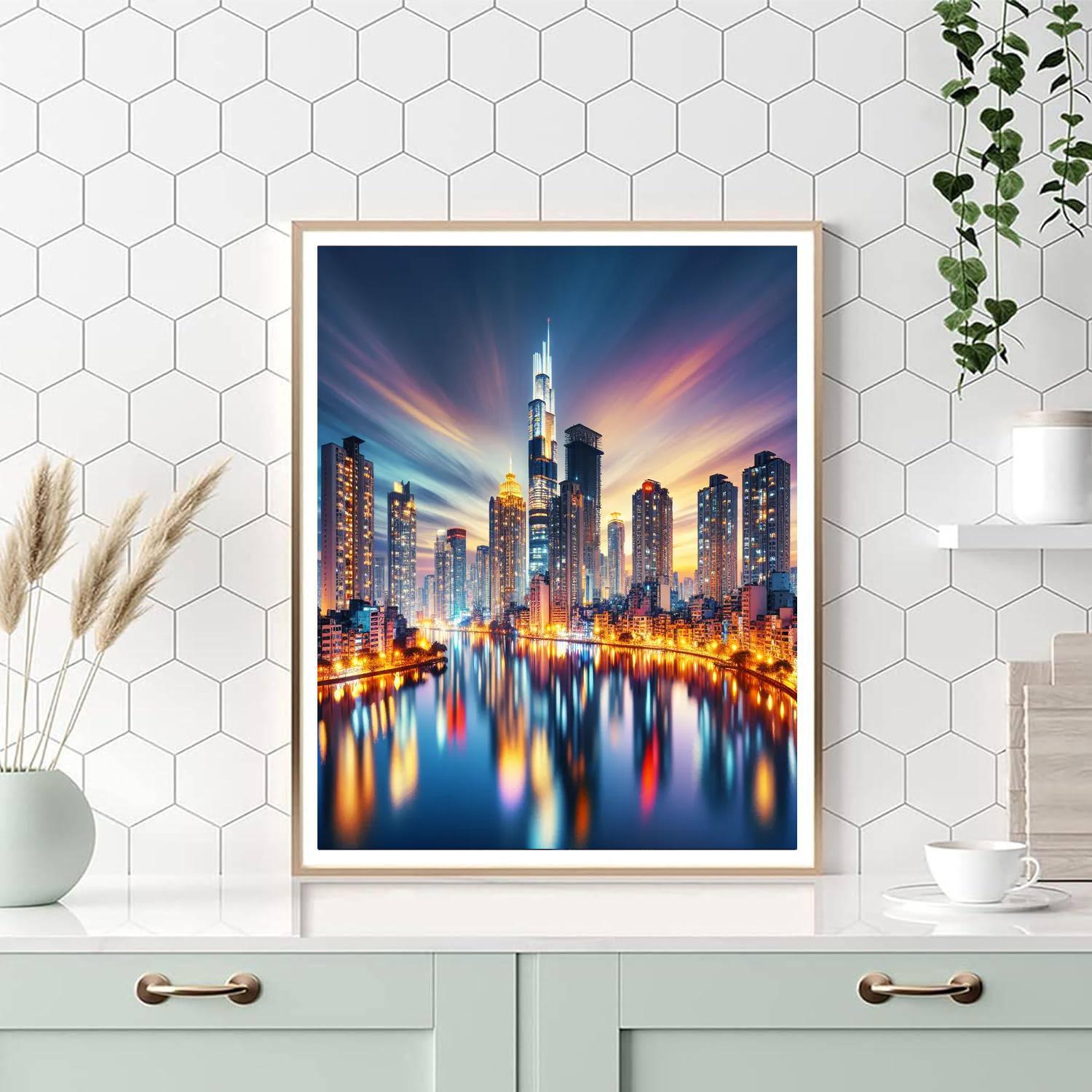 Bustling Cityscape Reflection Painting Number Kit