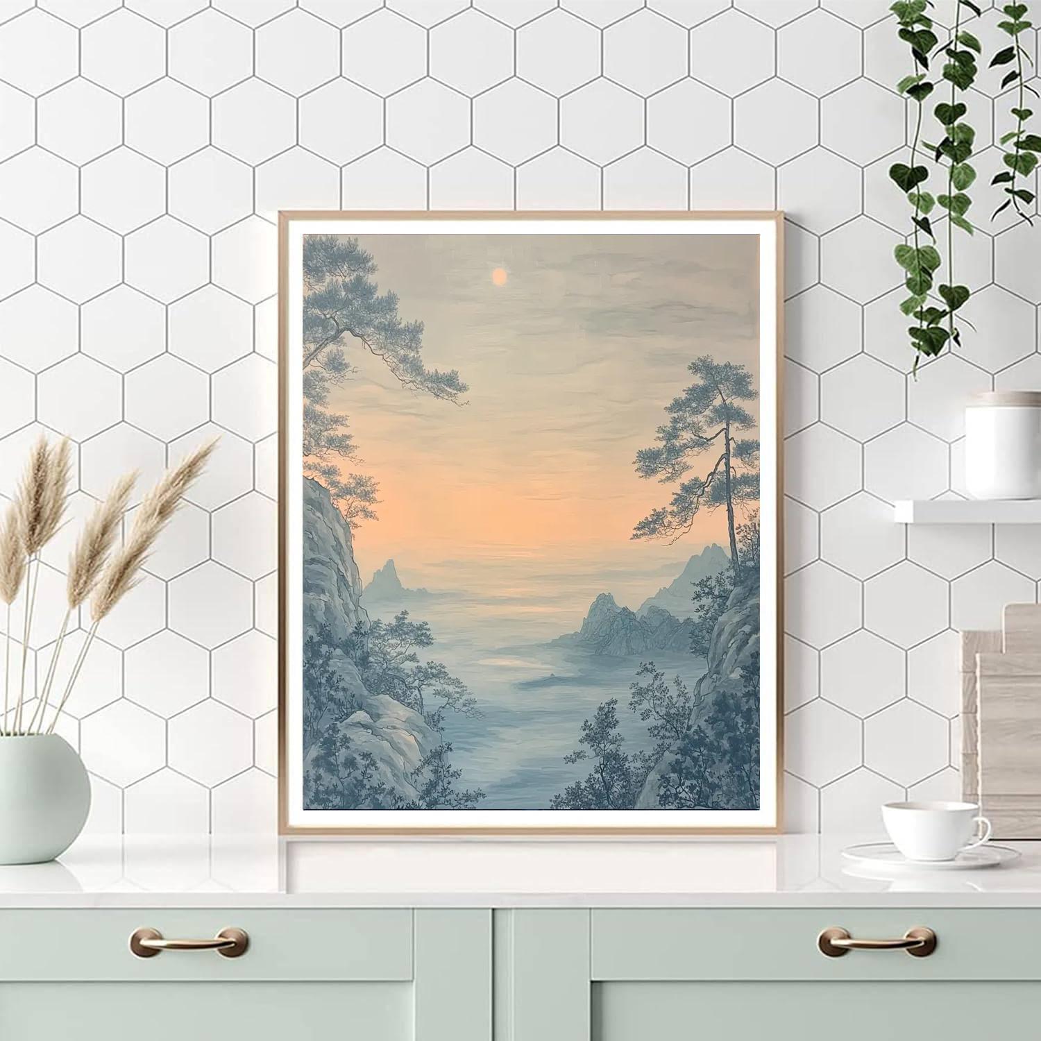 Zhao Mengfu Inspired Enchanted Misty Horizon  Paint By Color