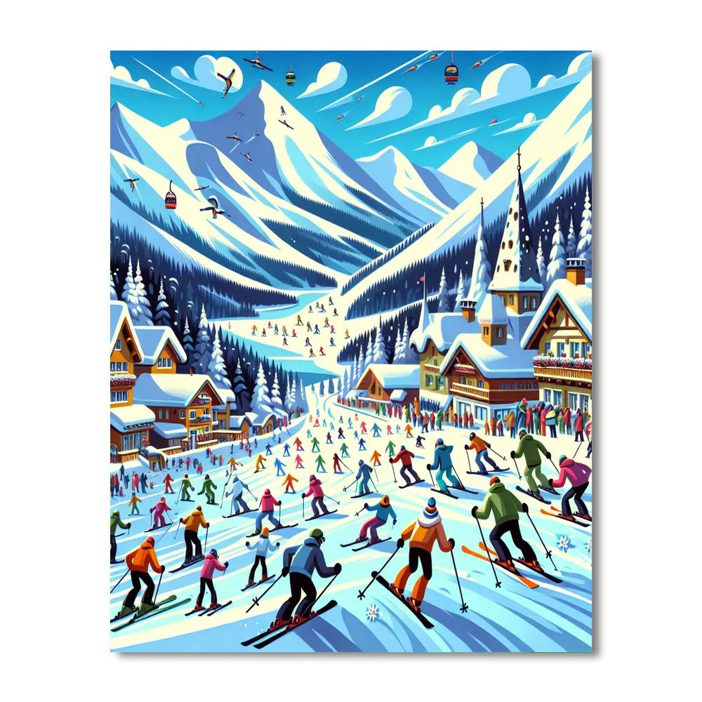 Winter Ski Resort Fun Painting Number Kit