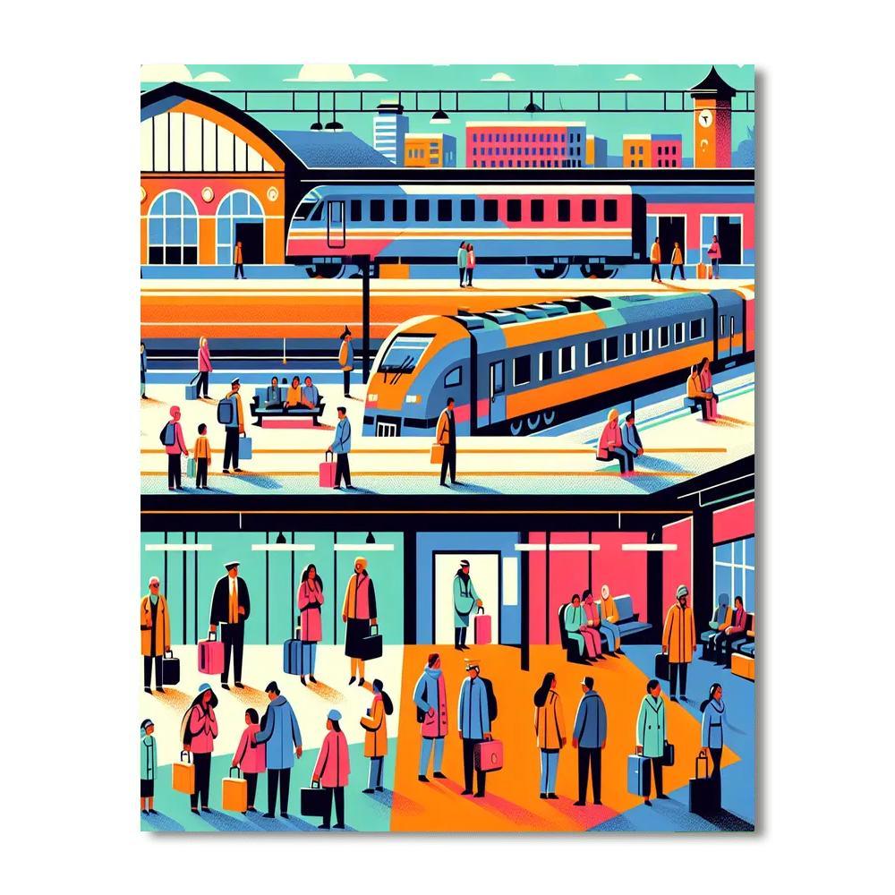 Busy Train Station Scene Numbered Painting Kits