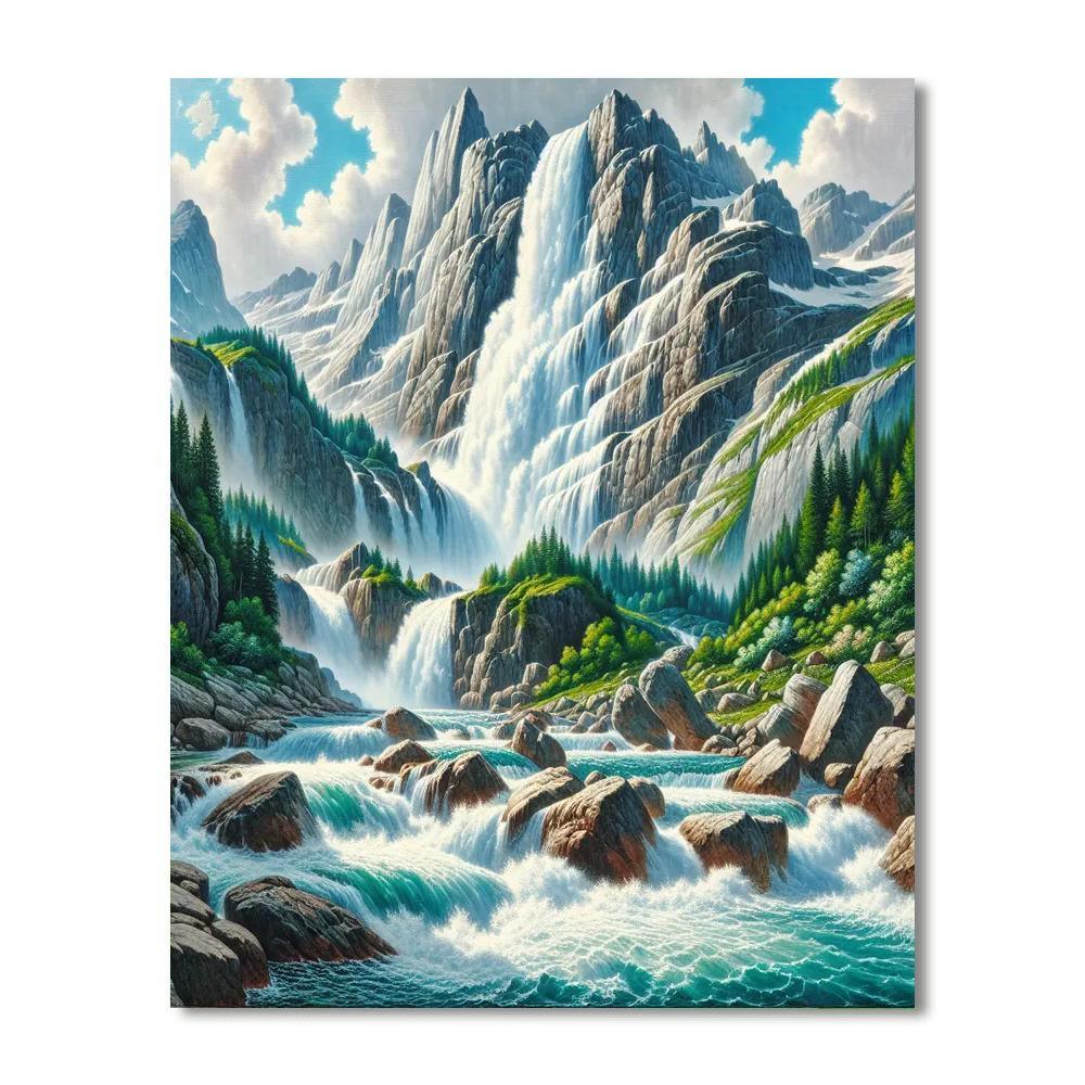 Picturesque Alpine Waterfall Numbered Painting Kits