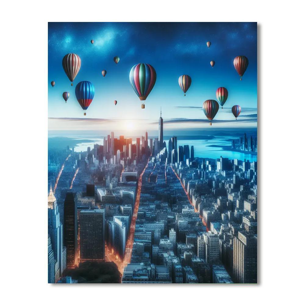Floating Balloons Over Cityscape Painting By Numbers Kit