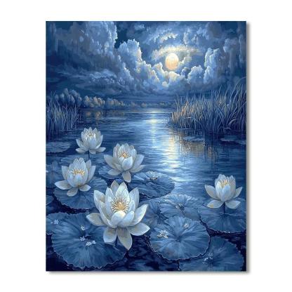 Nandalal Bose Inspired Mystical Moonlit Lotus  Painting Number Kit