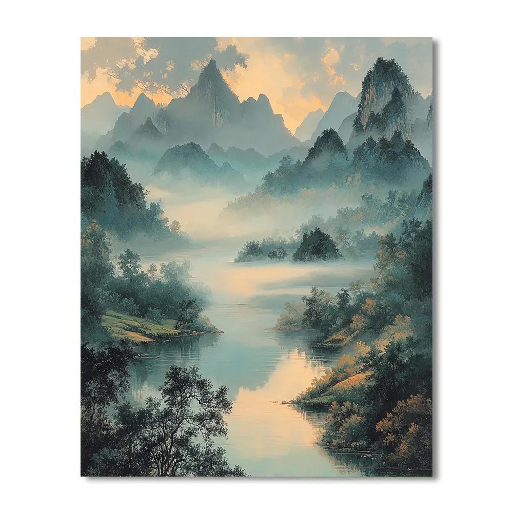 Zhao Mengfu Inspired Ethereal Fog Over Silent Valleys  Paint By Color
