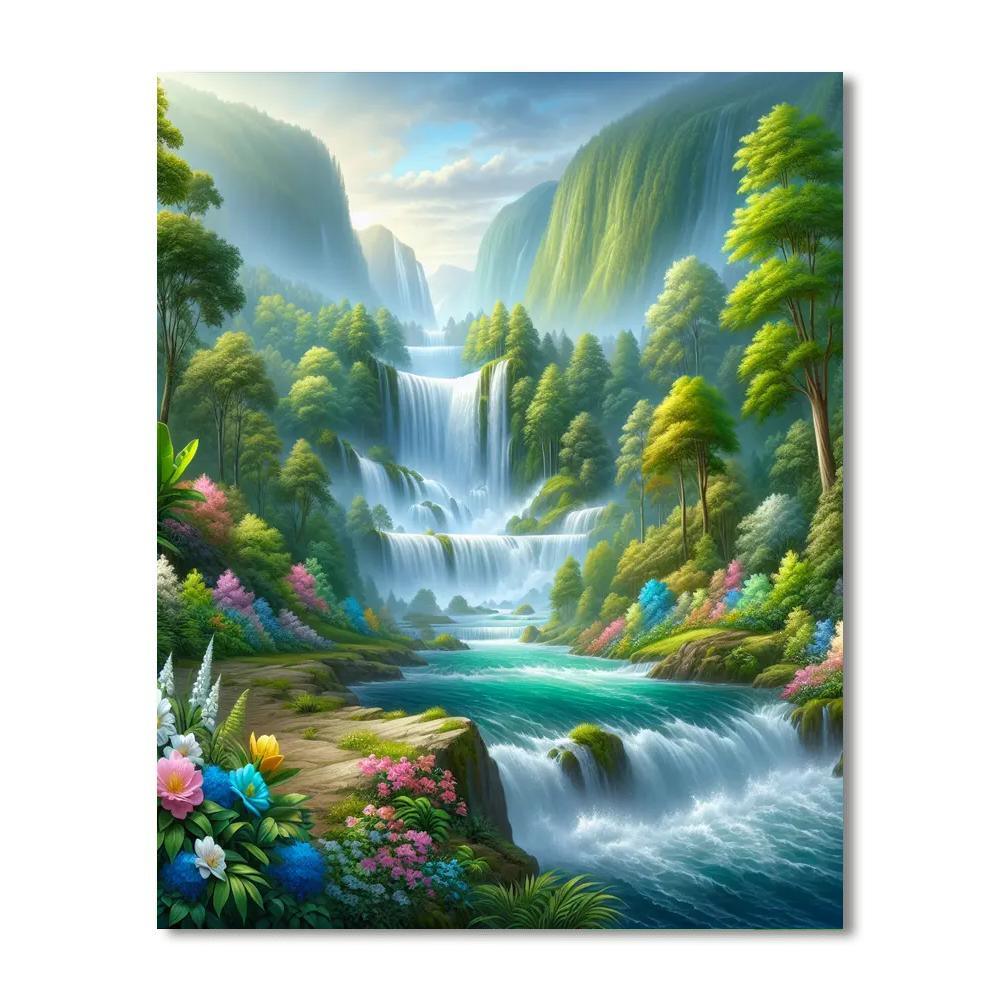 Cascading Mountain Waterfalls Number Painting