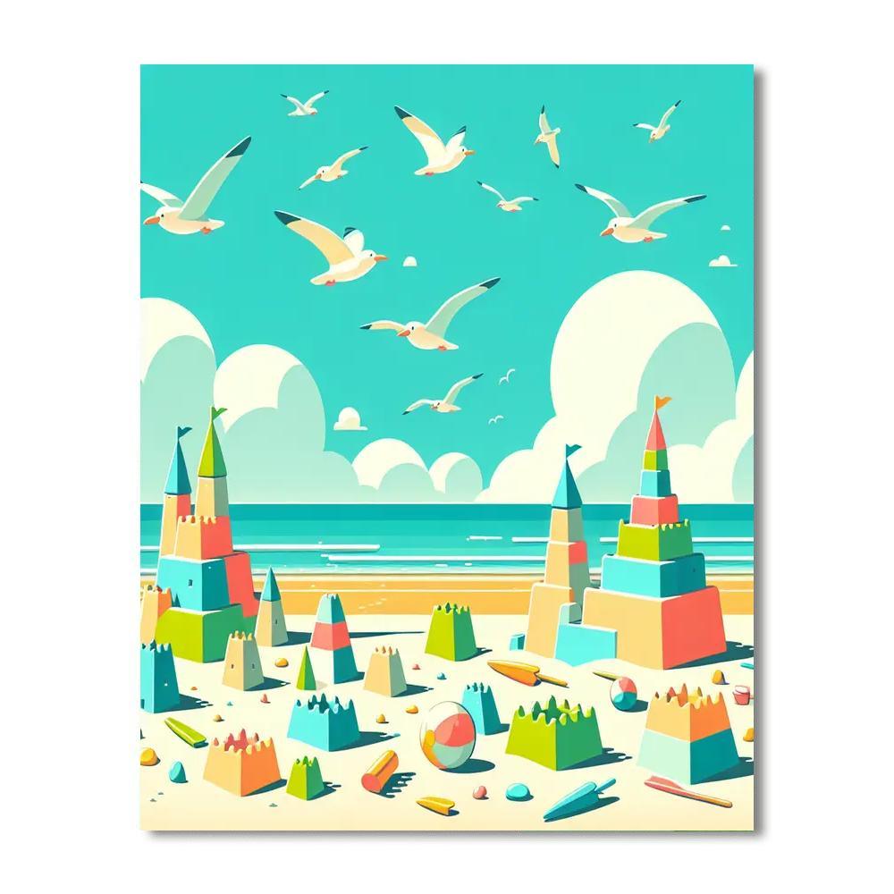 Holiday Beach With Sandcastles And Seagulls Paint By Number