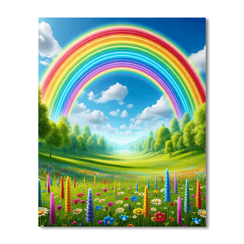 Bright Rainbow Over Meadows Number Painting