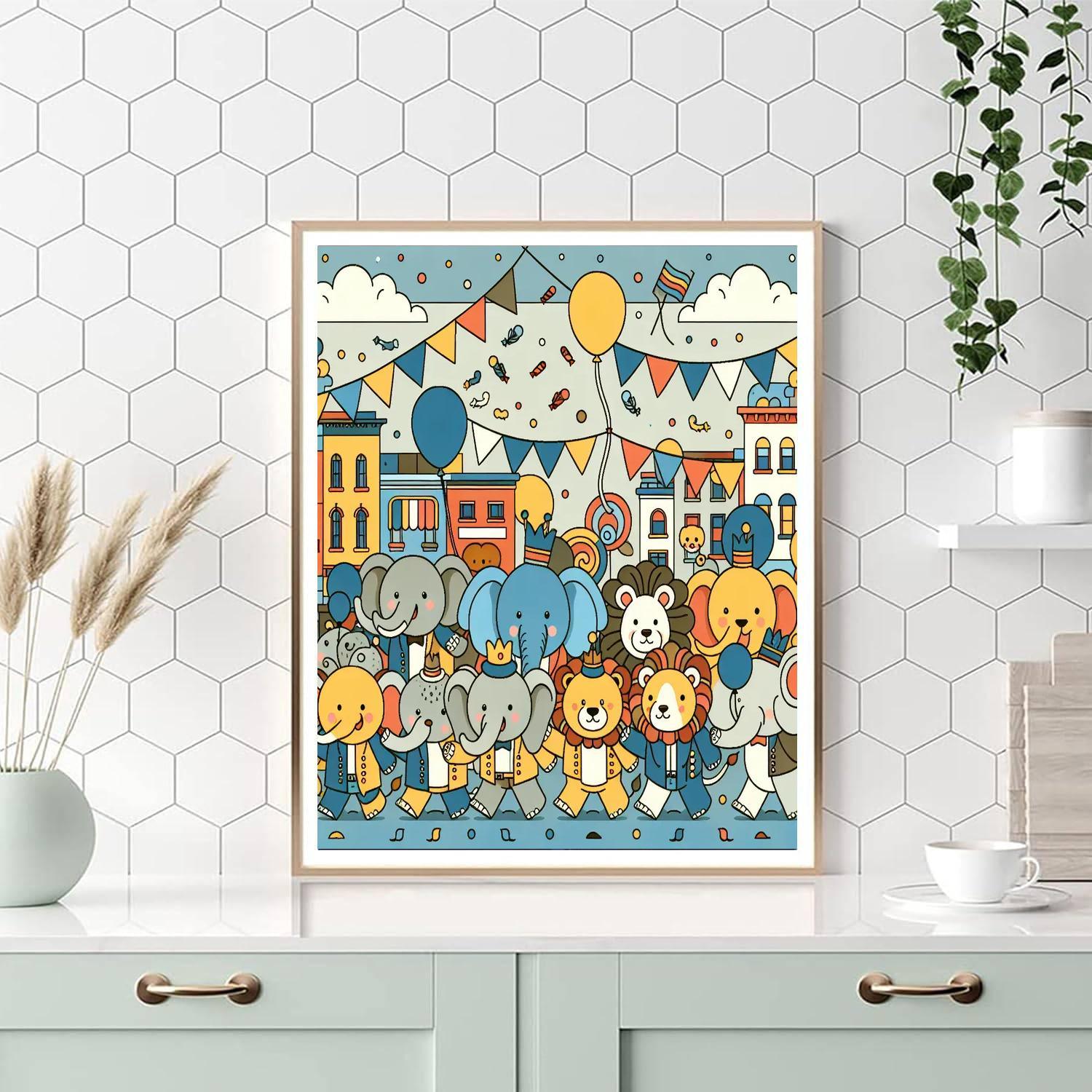 Animal Parade Through Town Paint By Numbers Art