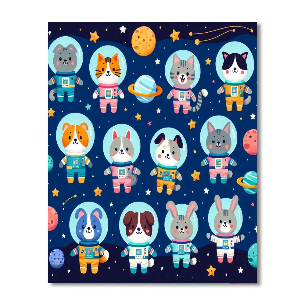 Cuddly Animal Pals In Space Paint By Numbers Art