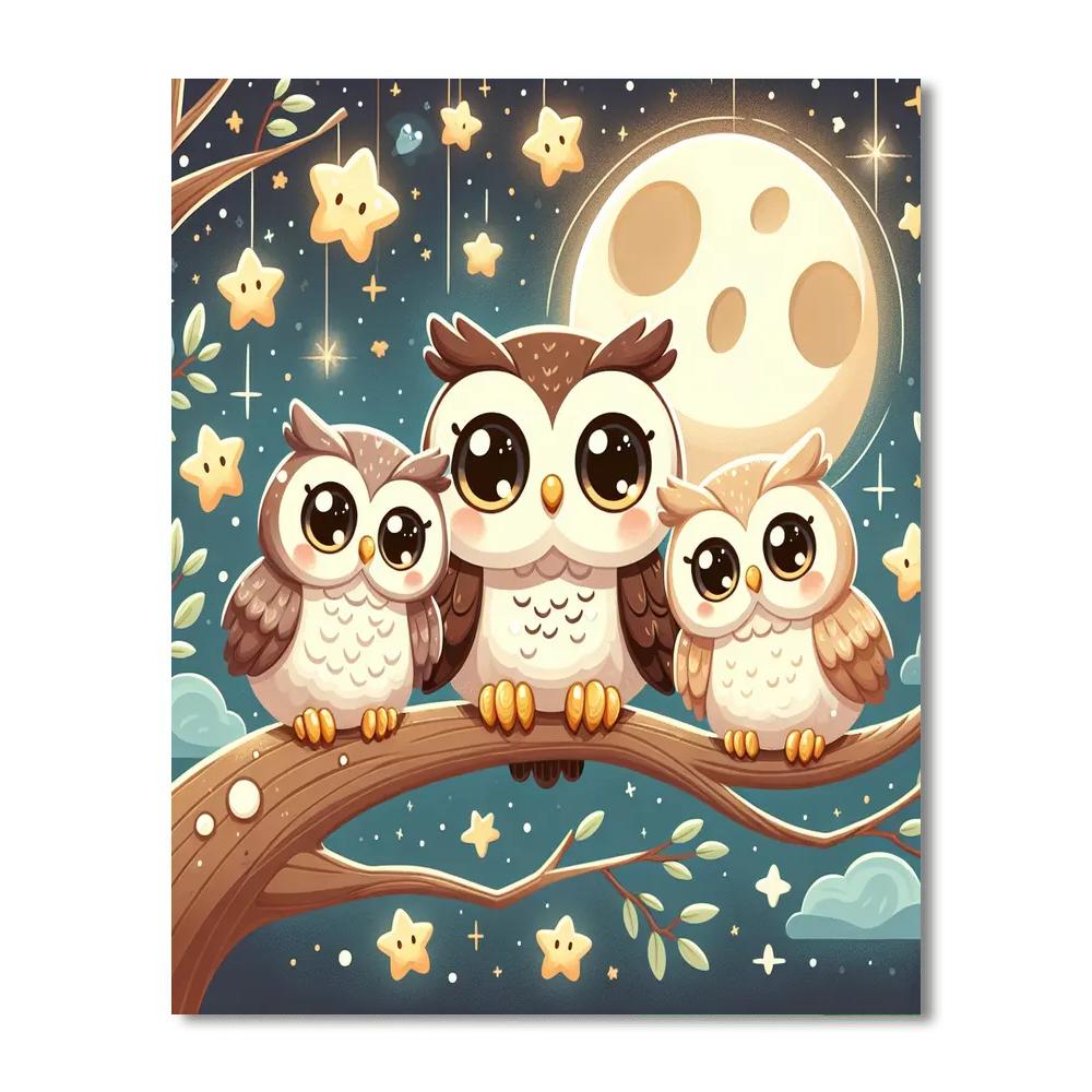 Charming Owls In The Moonlight Painting By Numbers Kit