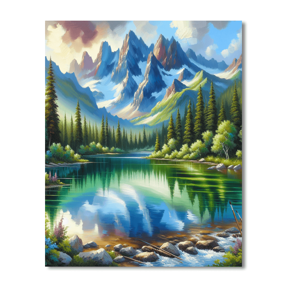 Serene Mountain Lake Reflection Number Painting
