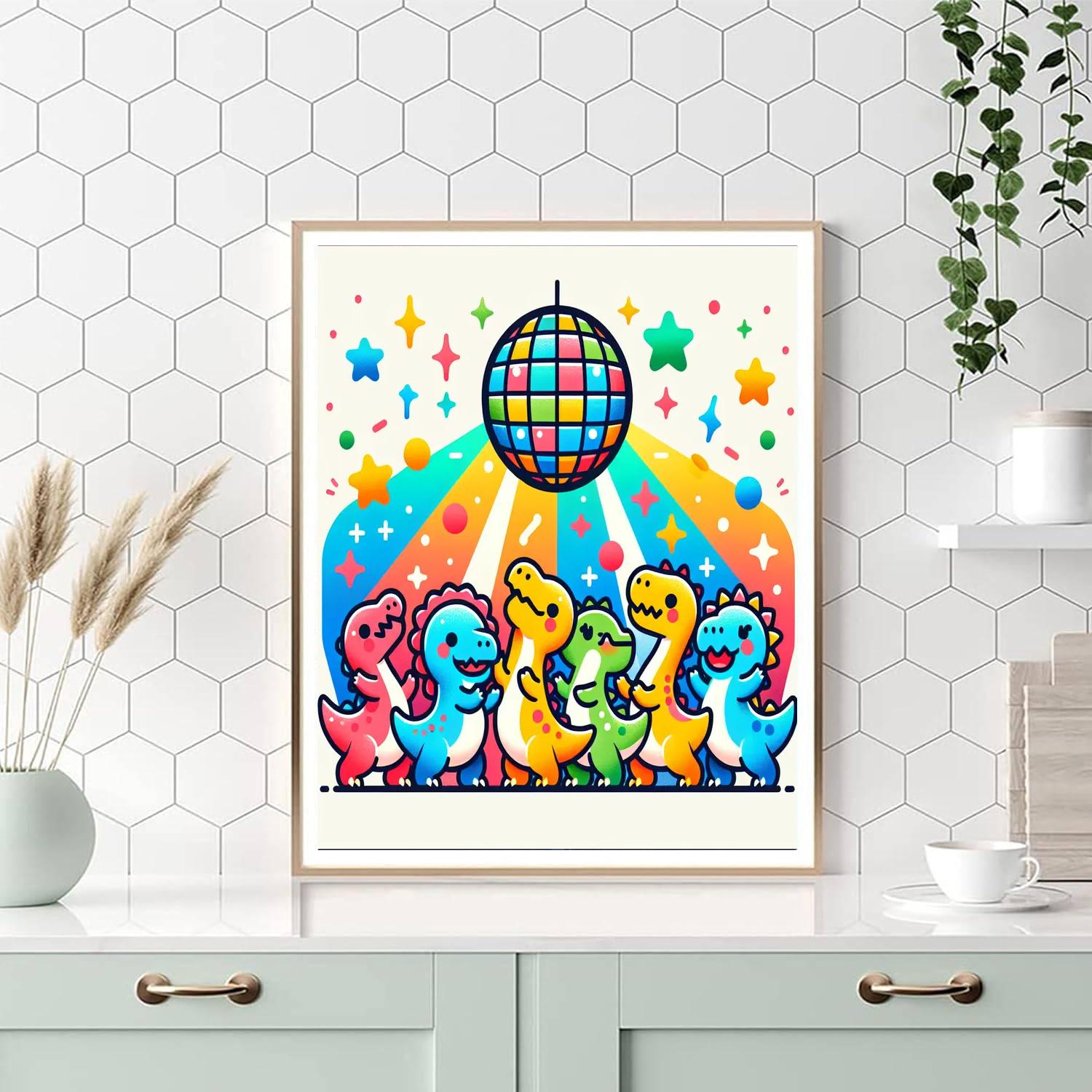 Charming Dinosaur Dance Party Paint By Numbers Art