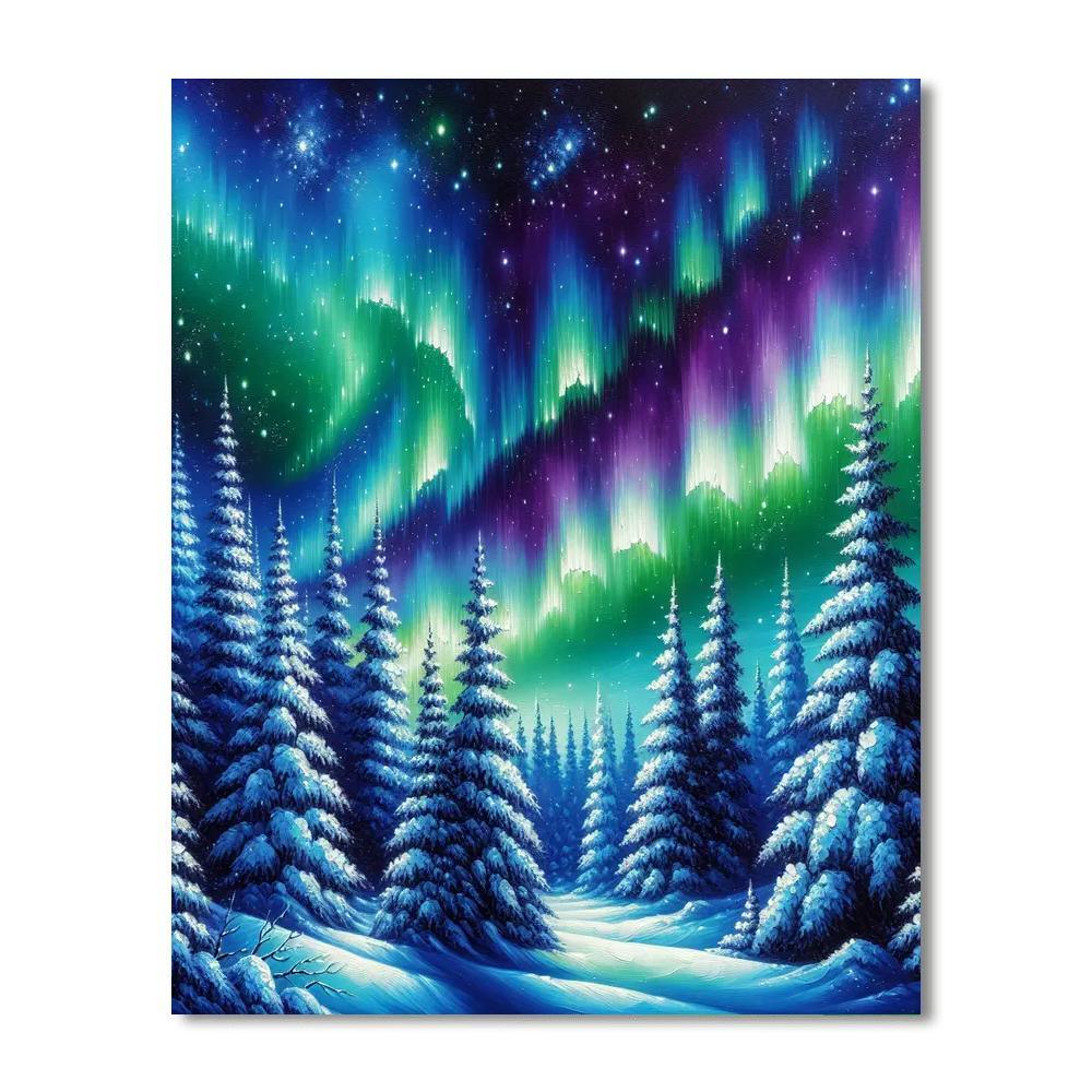 Aurora Borealis Over Snowy Pines Number Painting