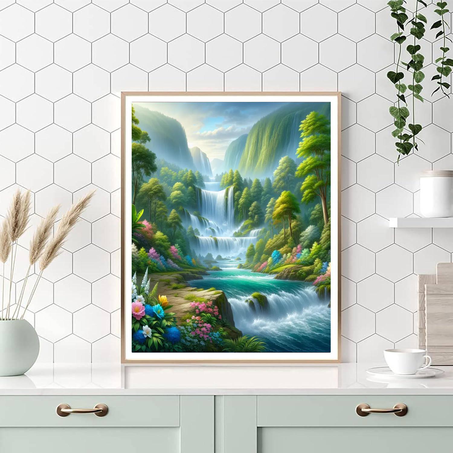 Cascading Mountain Waterfalls Number Painting
