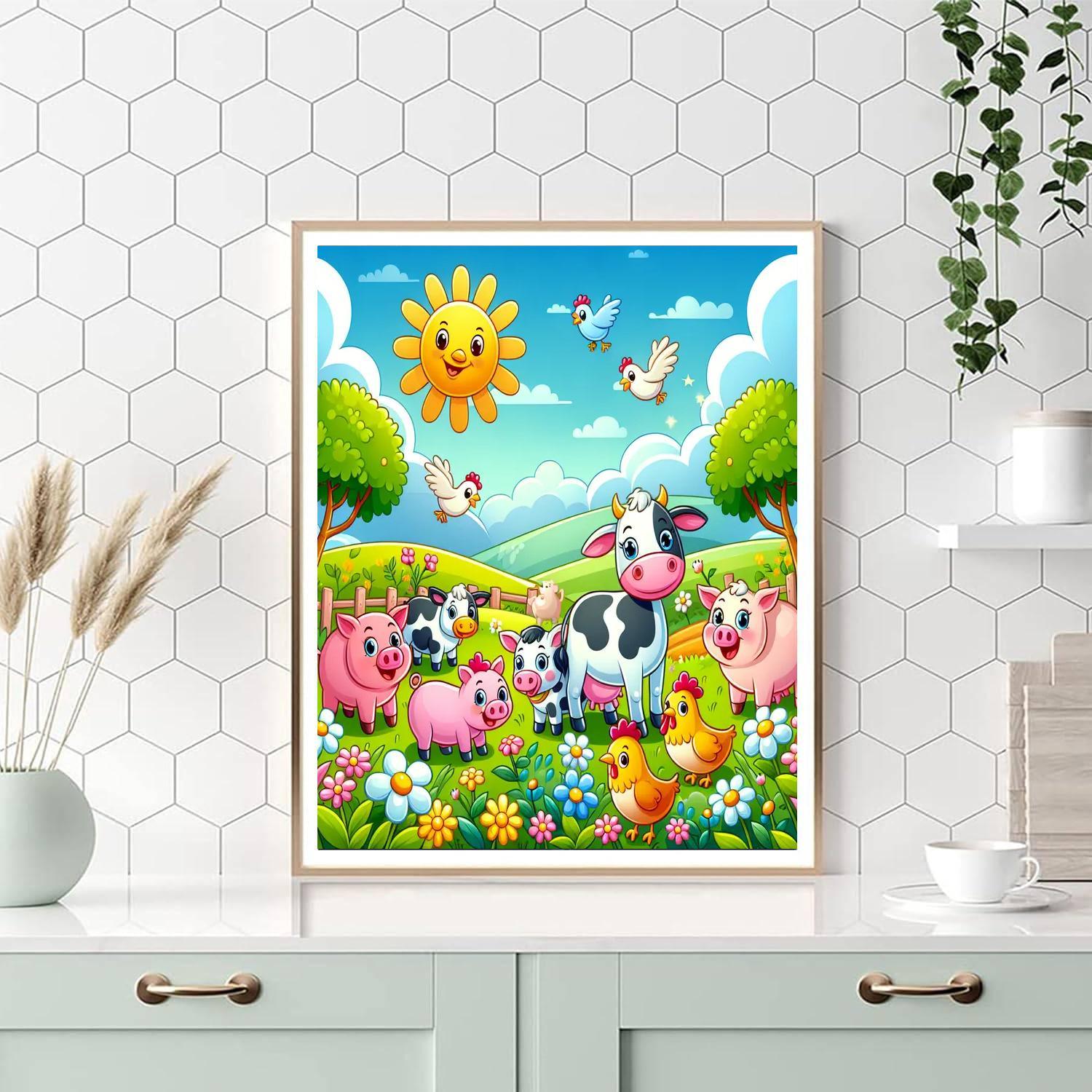Colorful Farm Animals In The Field Painting By Numbers Kit