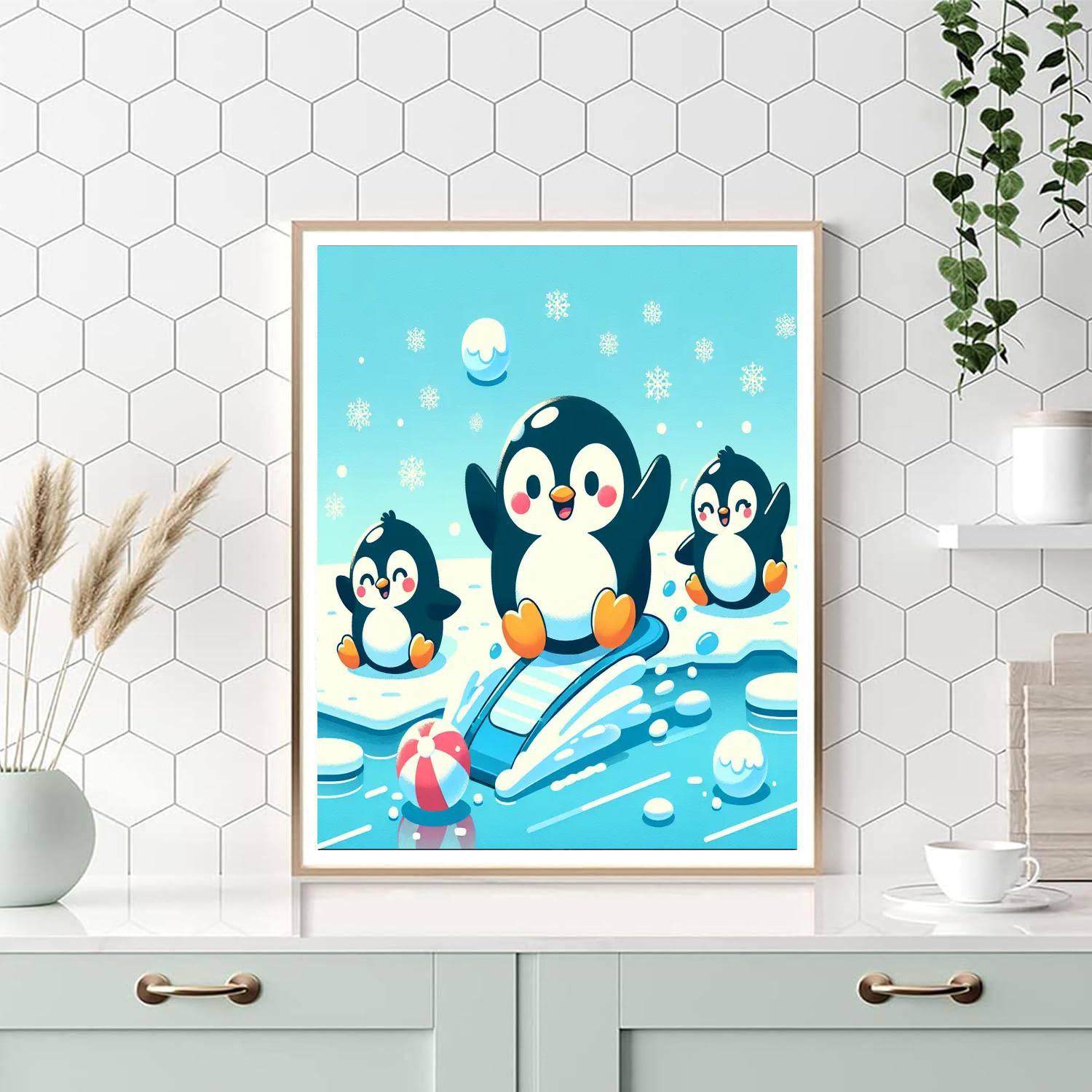 Joyful Penguins Playing Numbered Painting Kits