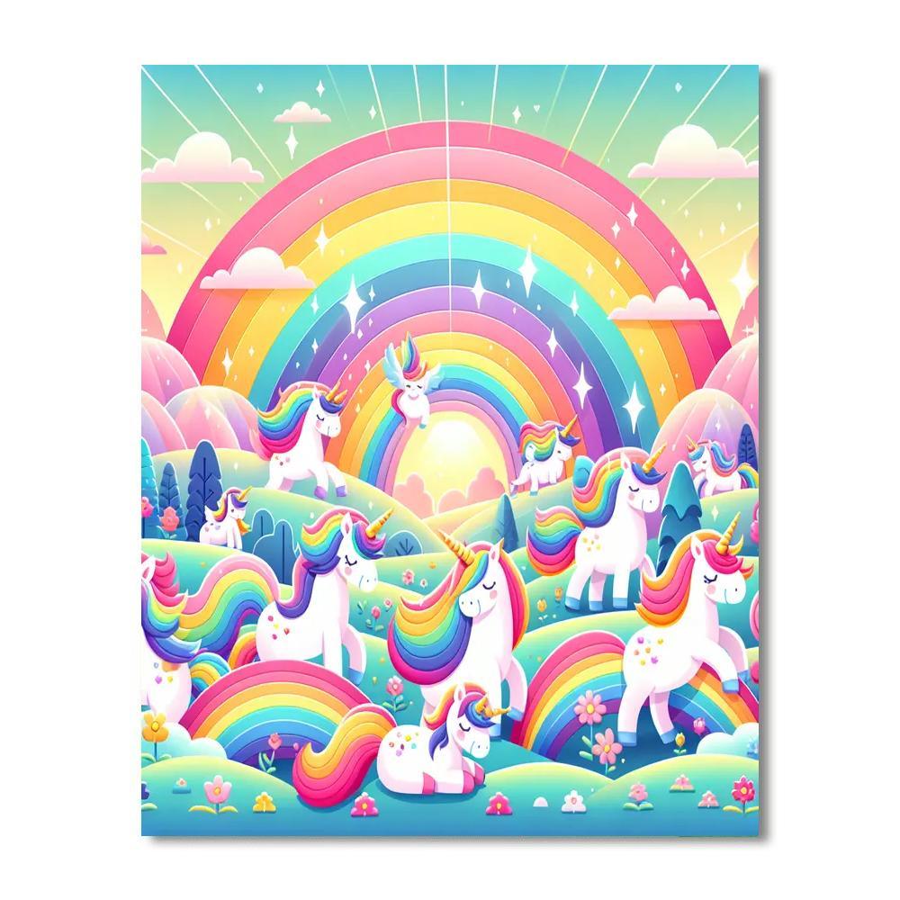 Fantasy Land With Unicorns And Rainbows Paint By Numbers Art