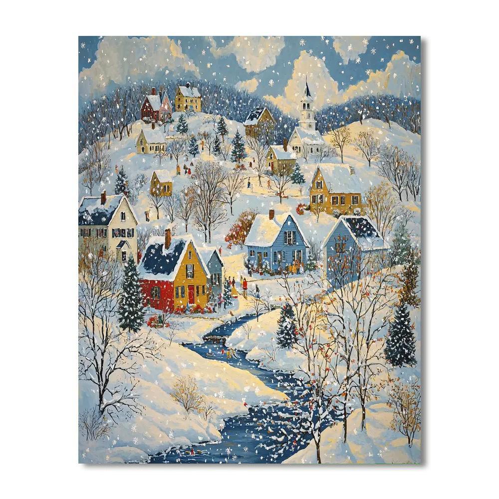Grandma Moses Inspired Quaint Winter Village  Paint By Numbers