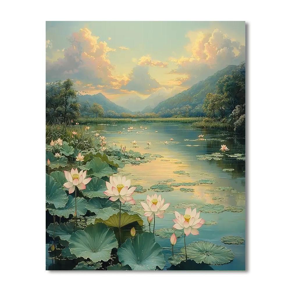 Utagawa Hiroshige Inspired Lotus Bloom Under Soft Skies  Painting By Numbers Kit