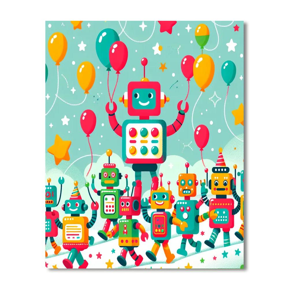 Friendly Robot Parade Paint By Numbers Art
