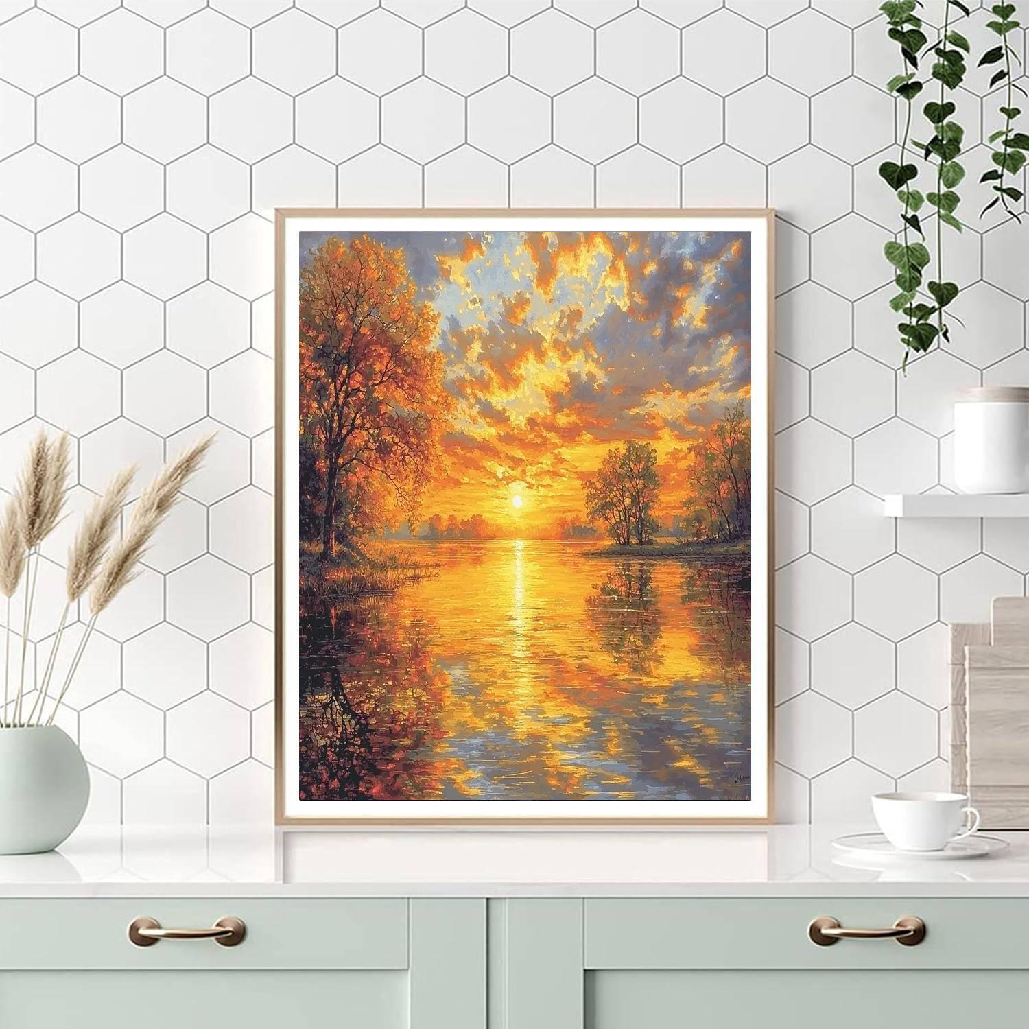 John Constable Inspired Golden Sunset Reflections  Number Painting