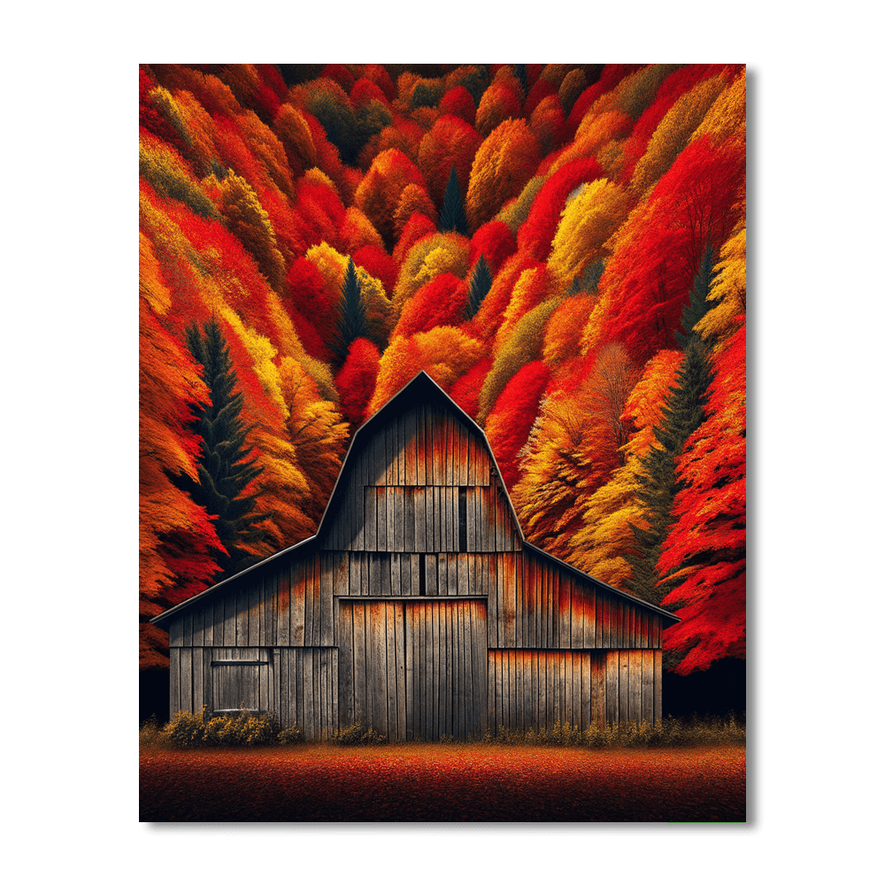 Rustic Barn Amidst Autumn Blaze - DIY Painting By Numbers Kit