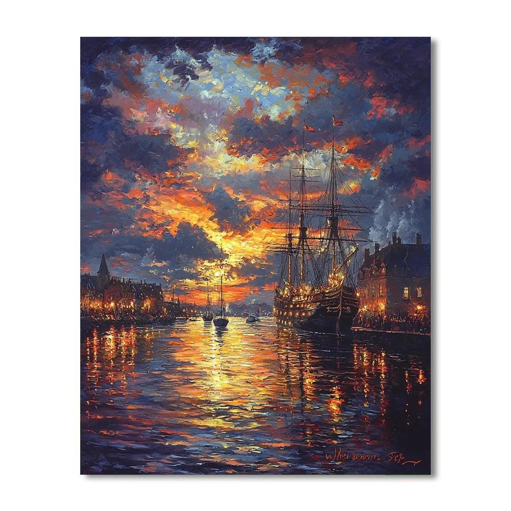 William Turner Inspired Harbor Lights Reflections  Number Painting