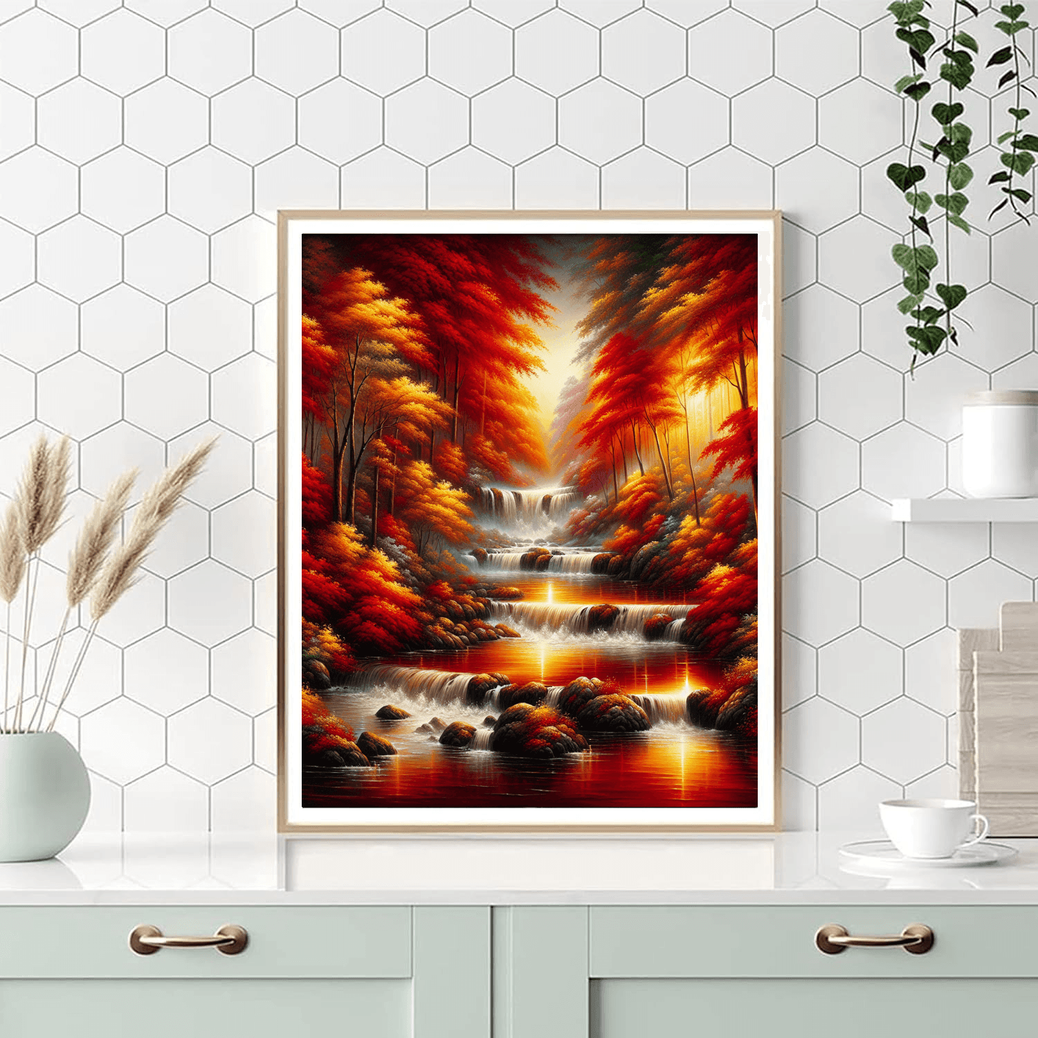 Cascading River In Autumn Painting Number Kit