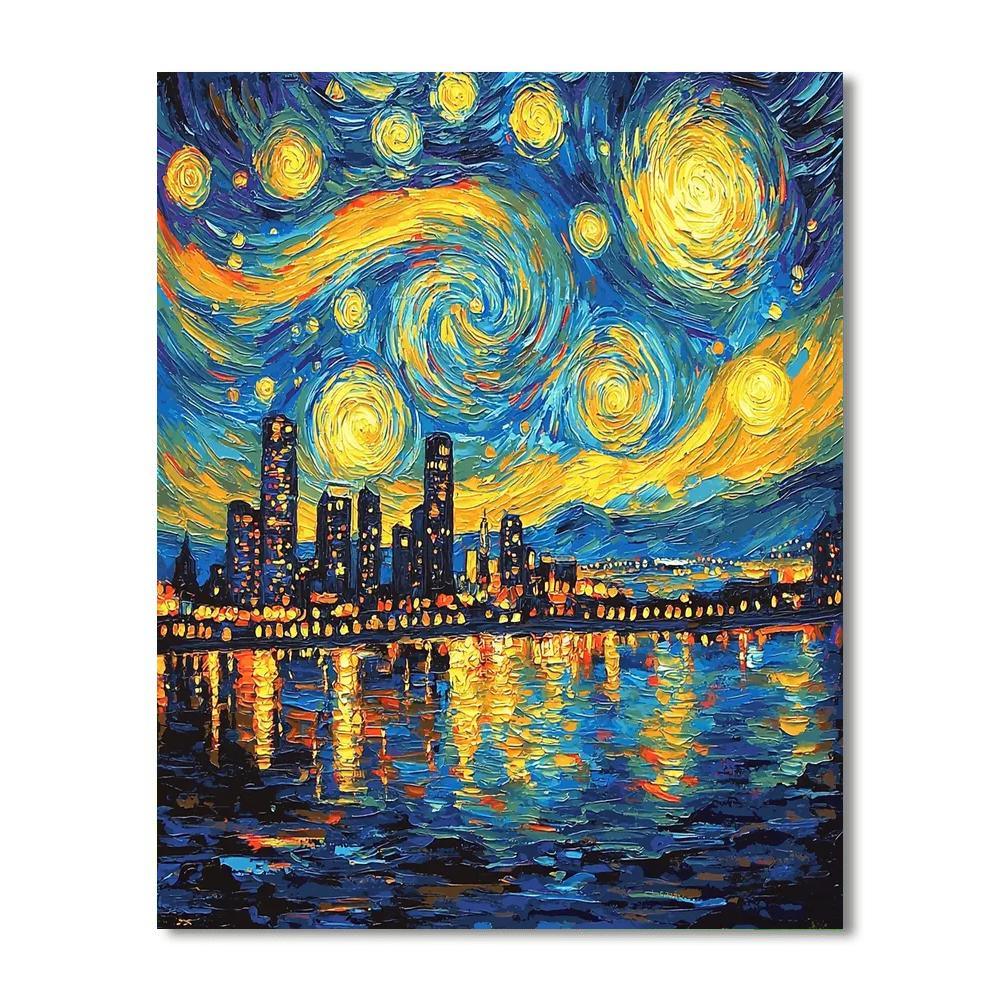 Van Gogh Inspired Starry Sky Over City Lights  Painting By Numbers Kit